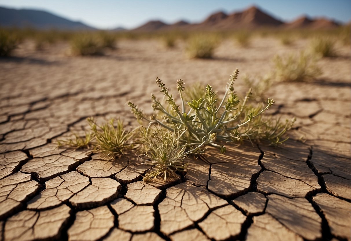 A desert landscape with cracked earth and parched plants, emphasizing the need for hydration and moisture for extremely dry skin