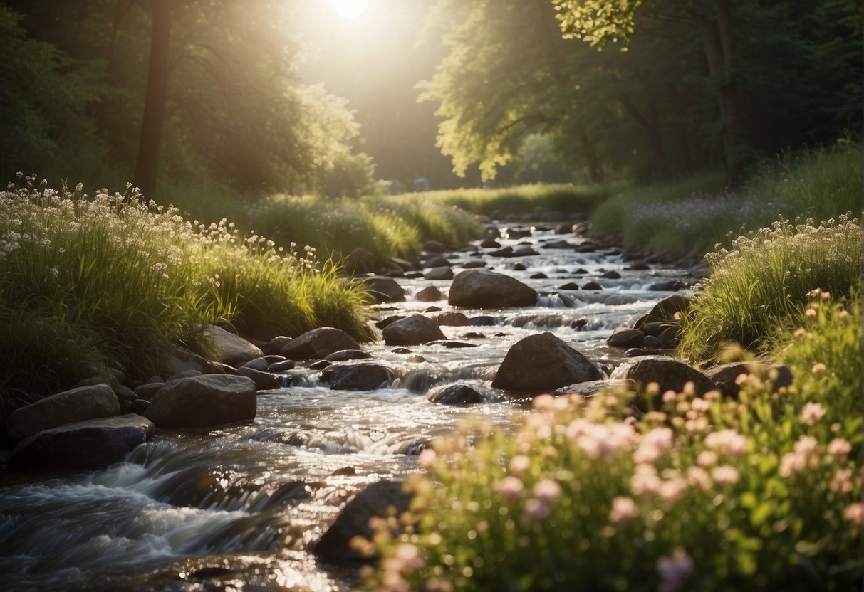 A serene, sunlit landscape with a flowing stream, lush greenery, and blooming flowers, evoking a sense of natural hydration for dry skin
