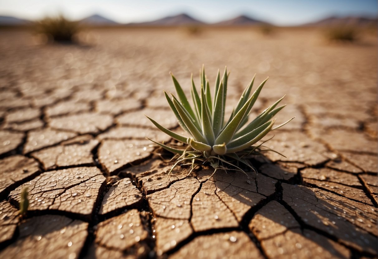 A desert landscape with a cracked, dry ground and a withered plant, surrounded by a few droplets of water