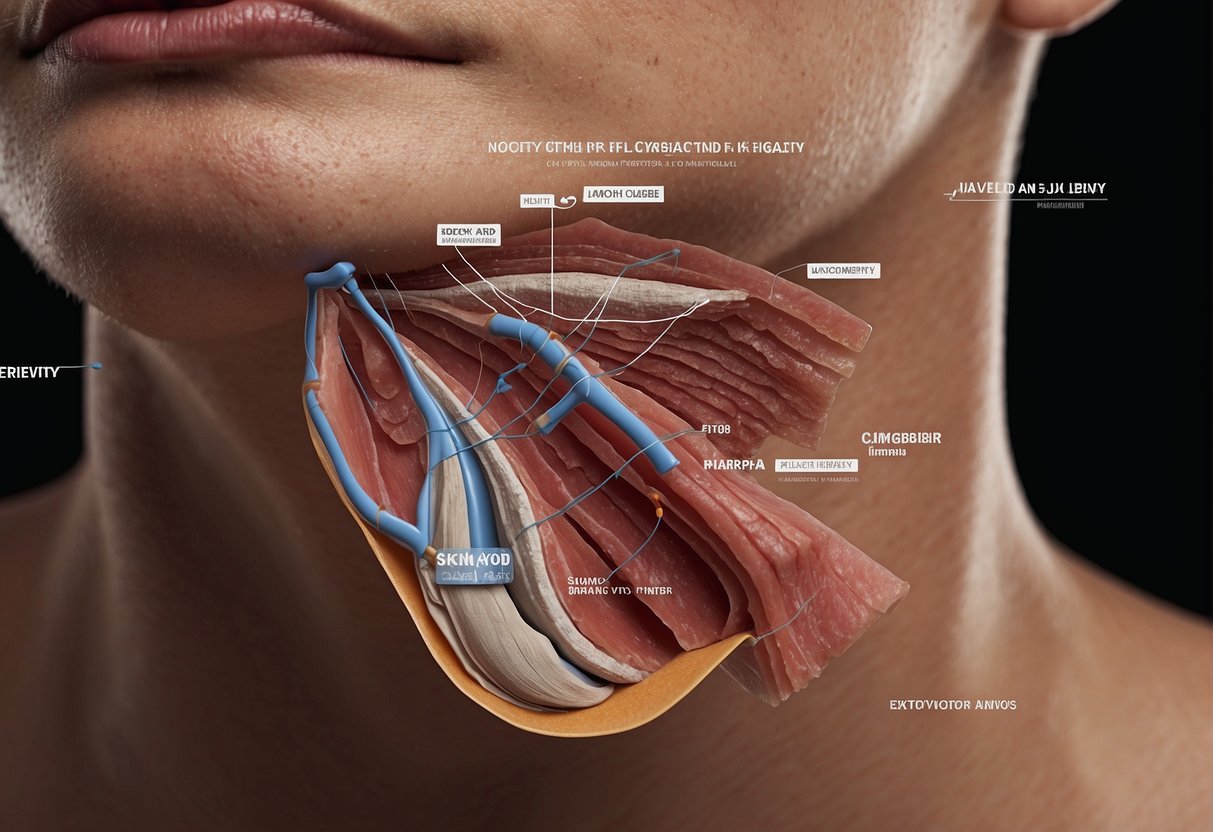 A diagram showing the layers of the neck skin and muscles, with arrows indicating the causes of skin laxity and methods to tighten the skin