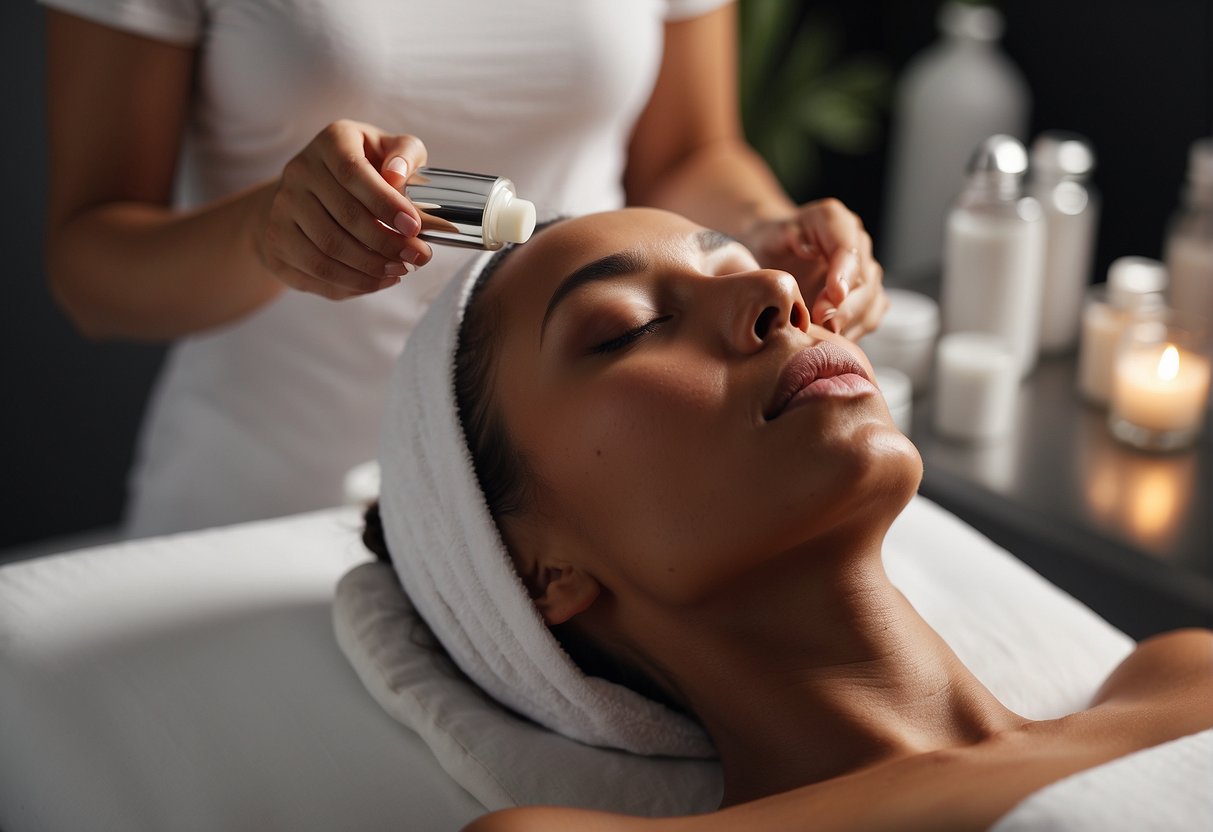 A woman's neck being gently massaged with firming cream, surrounded by skincare products and a mirror reflecting smooth, taut skin
