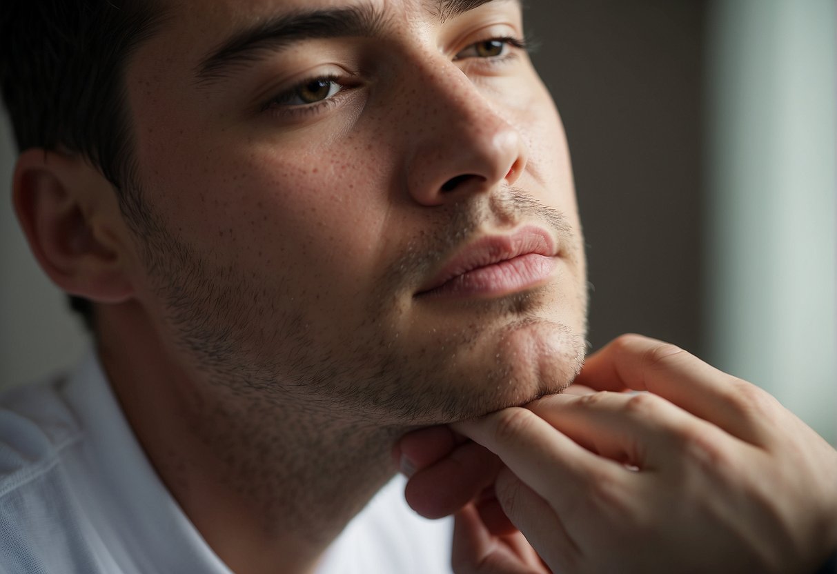 A person gently pulling at the skin on their neck, demonstrating a method to tighten the skin