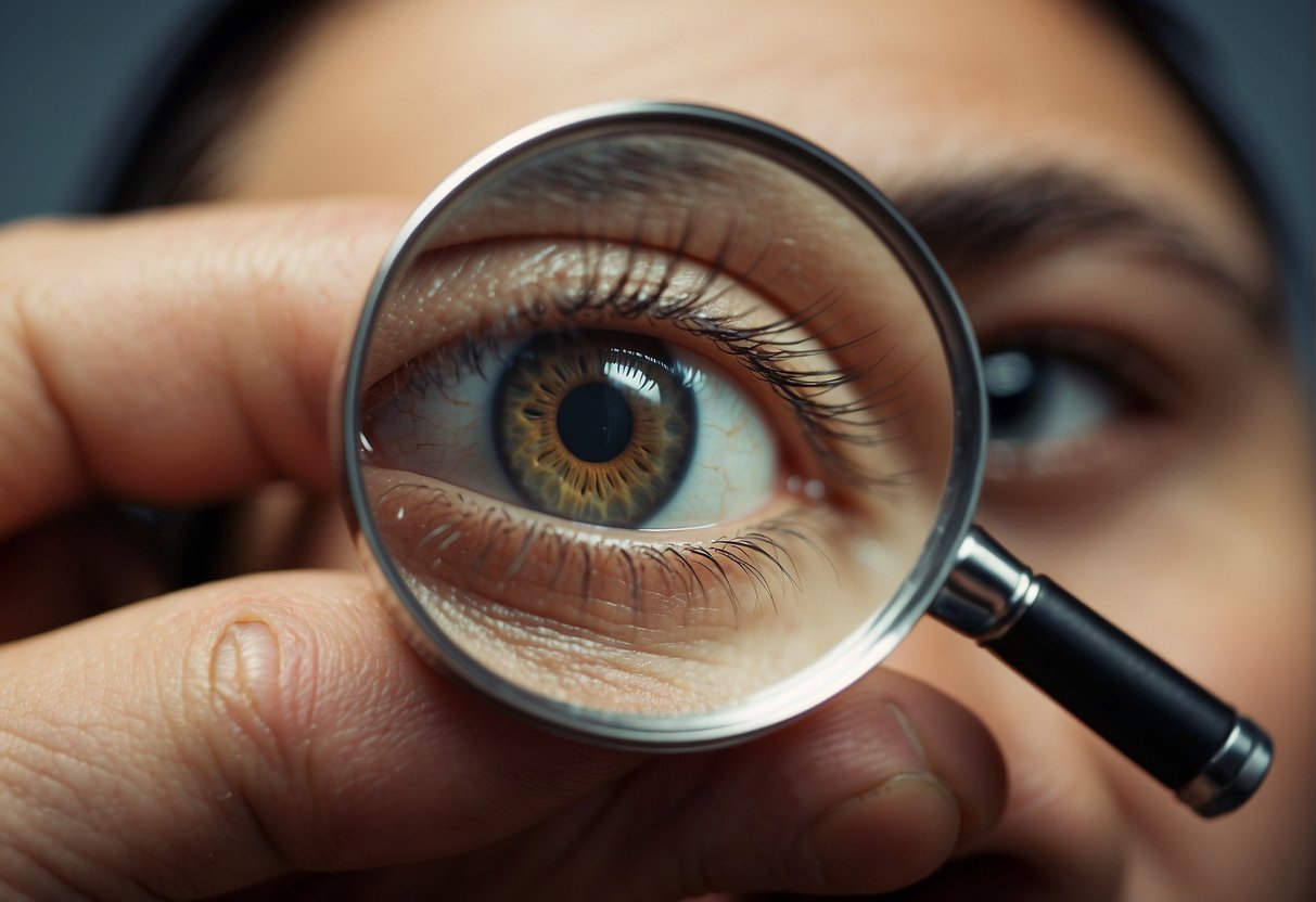 A magnifying glass hovers over a suspicious mole on the skin, with a worried expression on the face of the person holding it