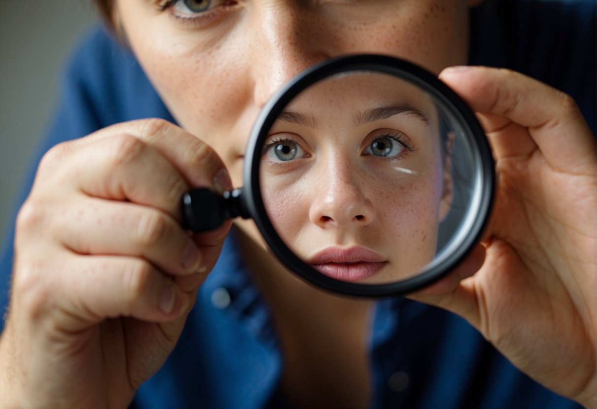 A person examining their skin with a magnifying glass, looking for irregular moles or spots, under bright natural light