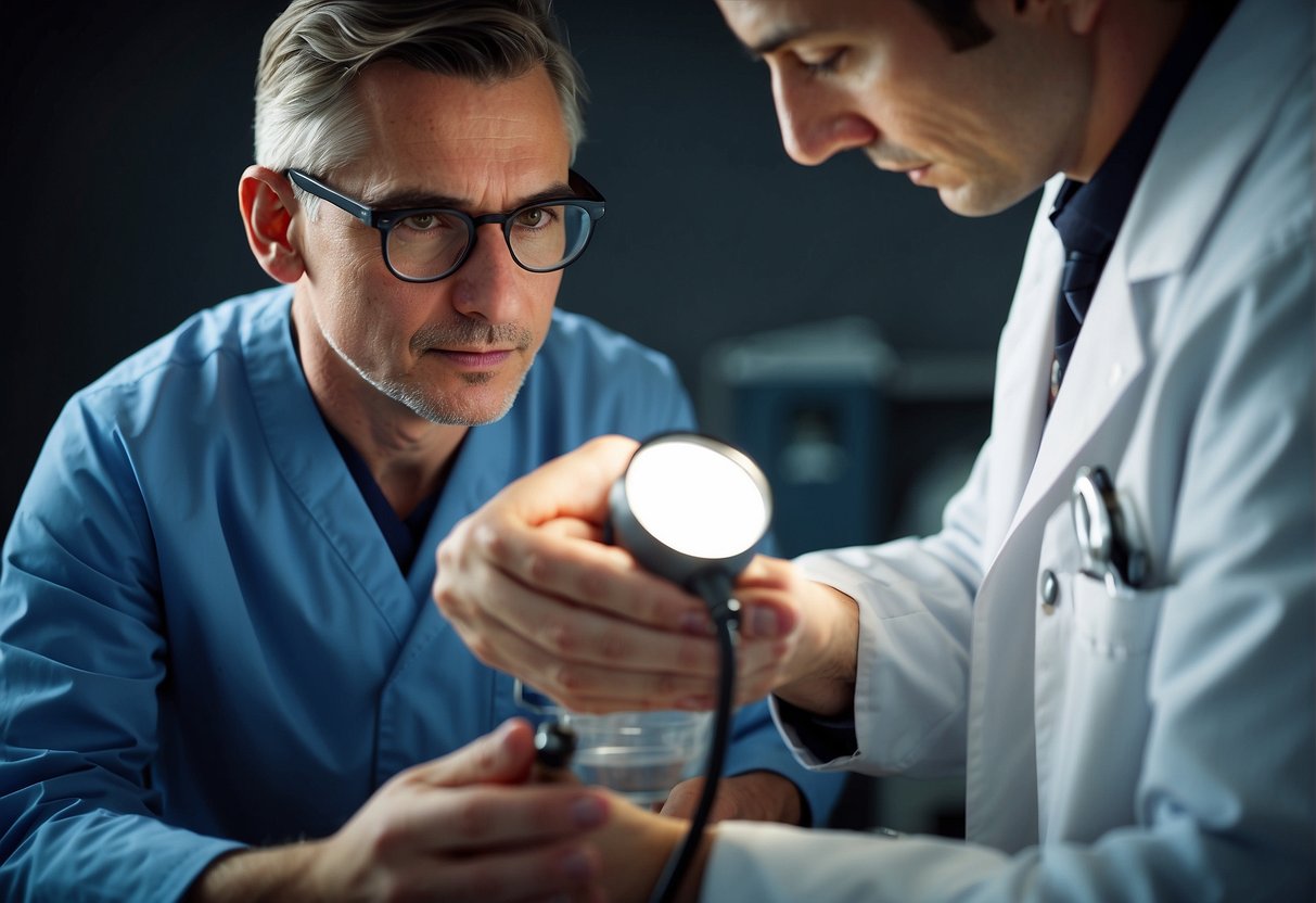 A doctor examining a patient's skin under a bright light, using a magnifying glass to inspect any suspicious moles or lesions
