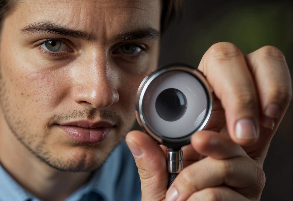 A person examining their skin with a magnifying glass, looking for abnormal moles or discoloration