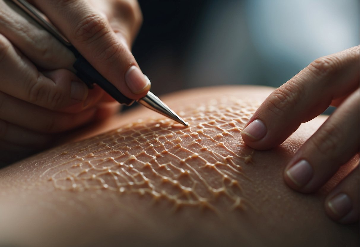 A person's skin being marked with a sharp object, showing the process of scarification