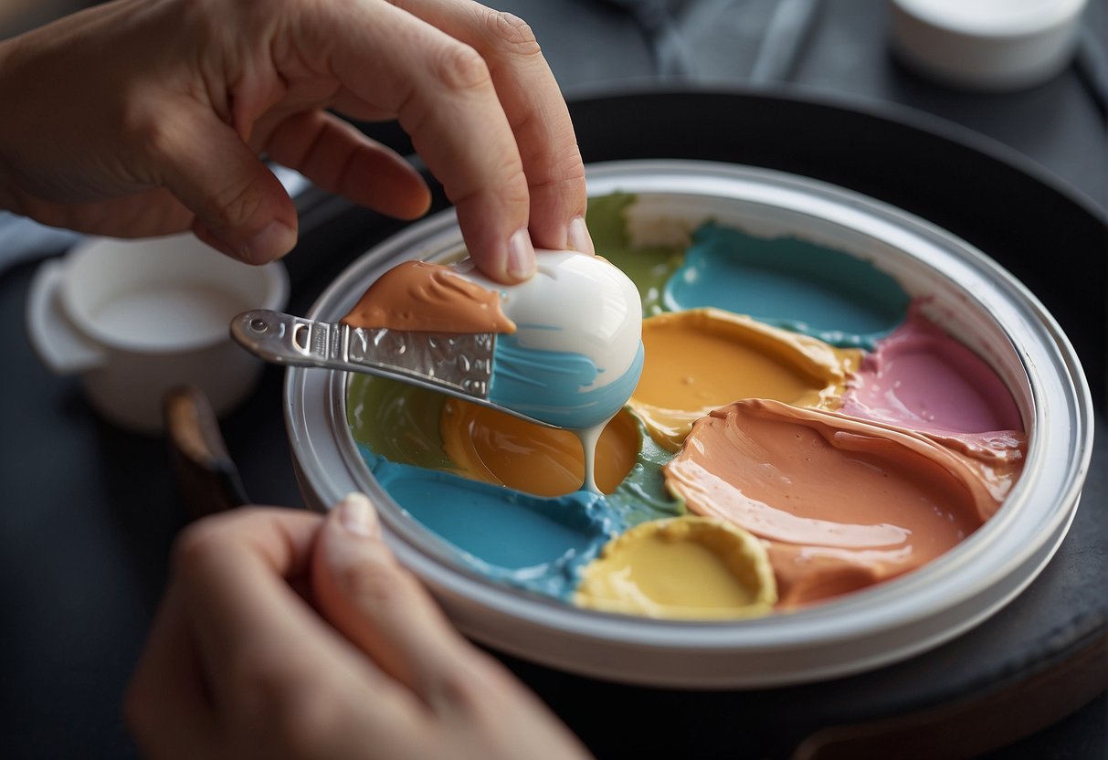 A hand holding a paint palette, carefully applying a thin layer of protective cream to the skin before starting to color, with a focused expression on the face