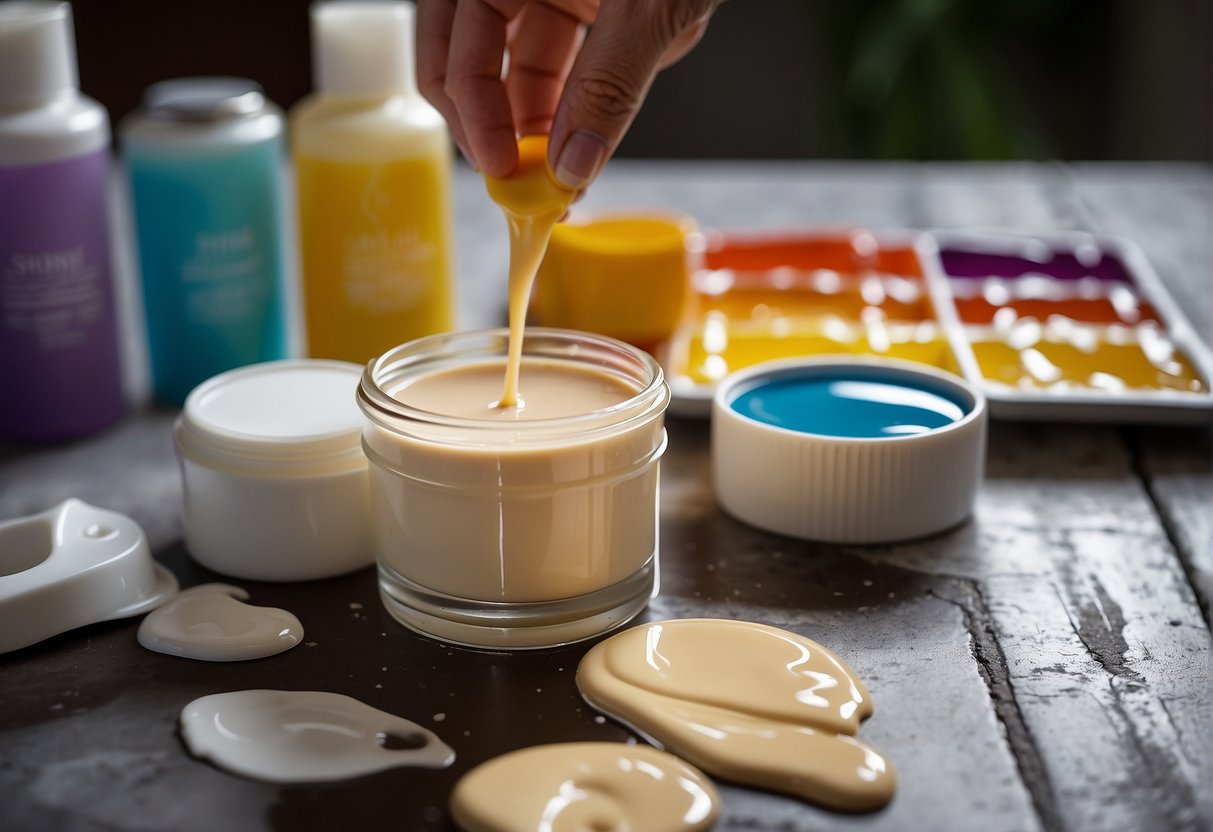 A bottle of stain prevention lotion next to a spilled paint palette on a table. A hand reaching for the lotion