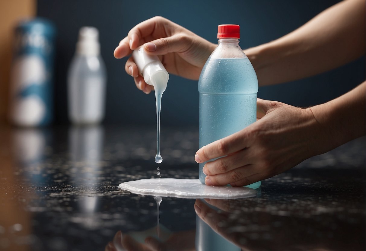 A hand reaching for a stain remover bottle next to a stained surface, with a clean area nearby