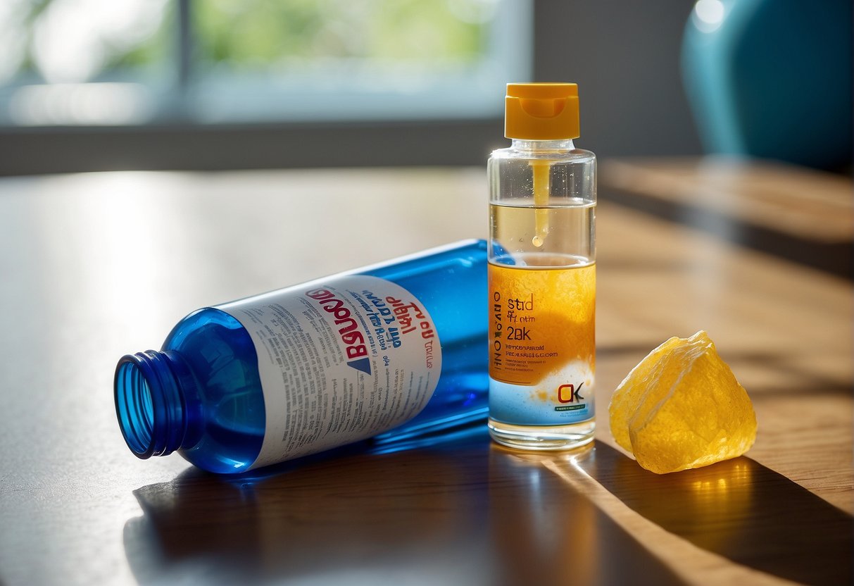 A bottle of stain remover next to a spilled bottle of coloring, with a clean, unblemished skin nearby