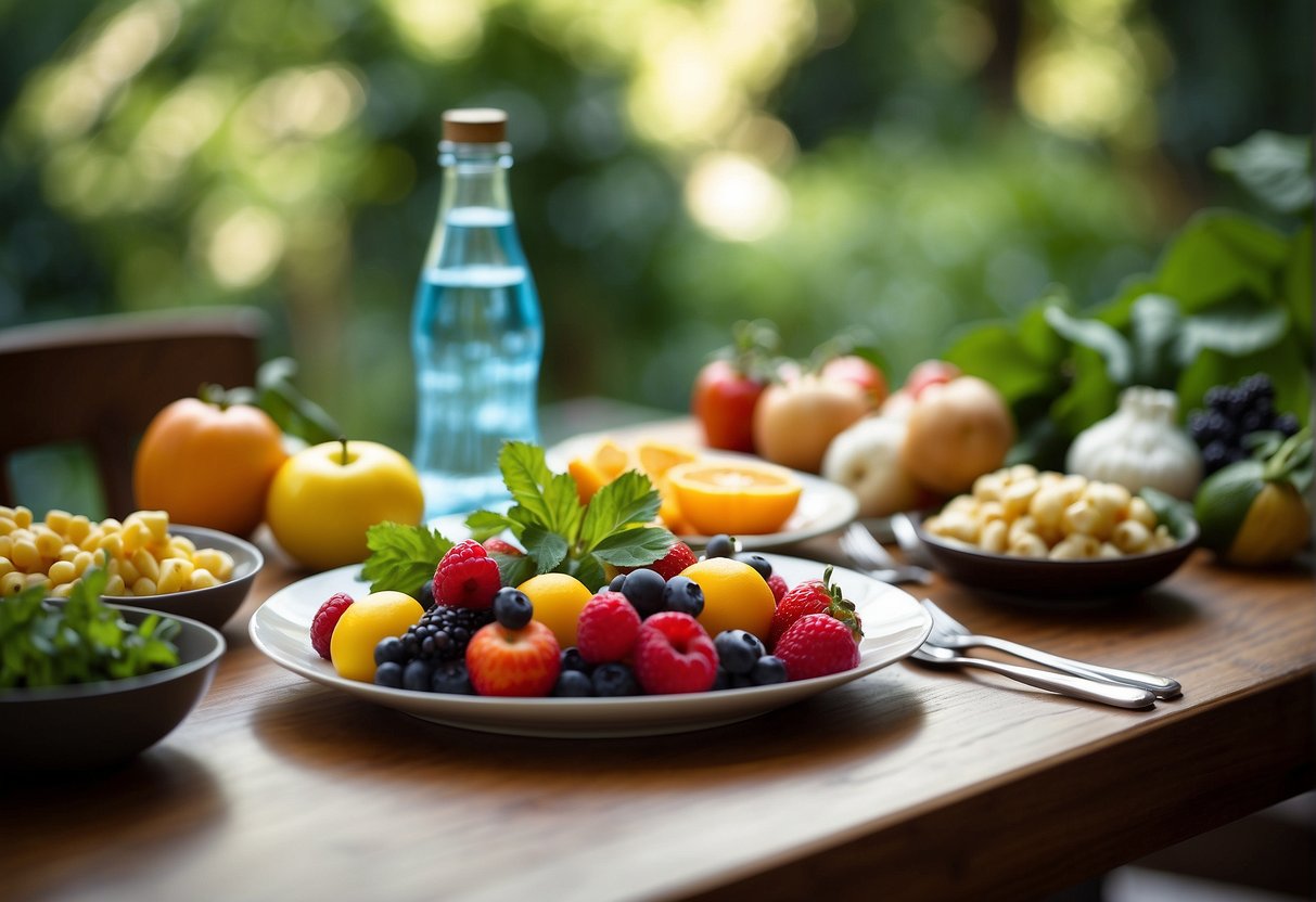 A table set with colorful fruits and vegetables, a bottle of water, and a plate of lean protein, all surrounded by vibrant greenery