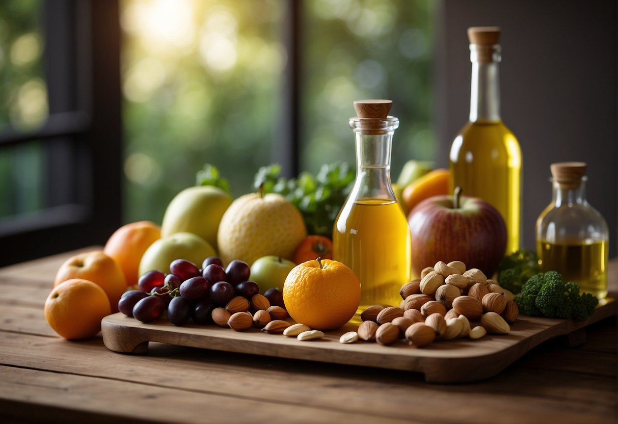 A variety of fresh fruits, vegetables, and nuts arranged on a wooden table, with a glass of water and a bottle of olive oil nearby