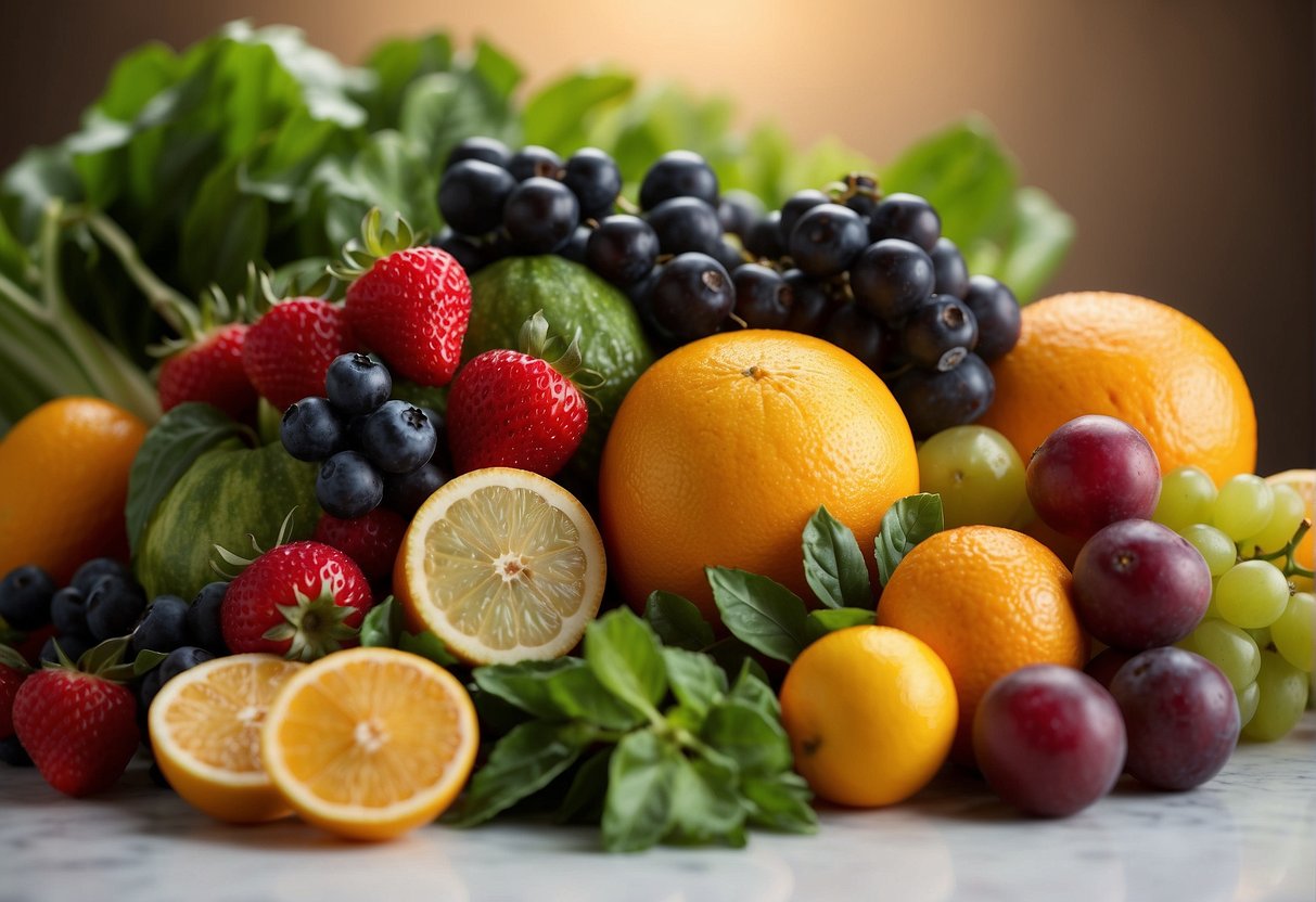 A colorful array of fruits and vegetables, such as berries, leafy greens, and citrus fruits, arranged on a table with skincare products in the background