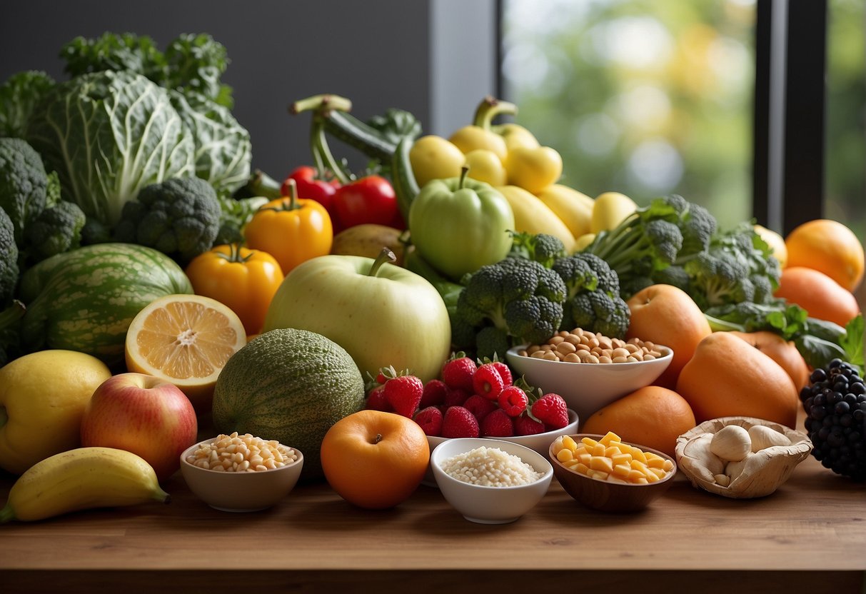 A variety of healthy foods arranged on a table, including fruits, vegetables, and lean proteins, with a focus on items known for their skin-firming properties