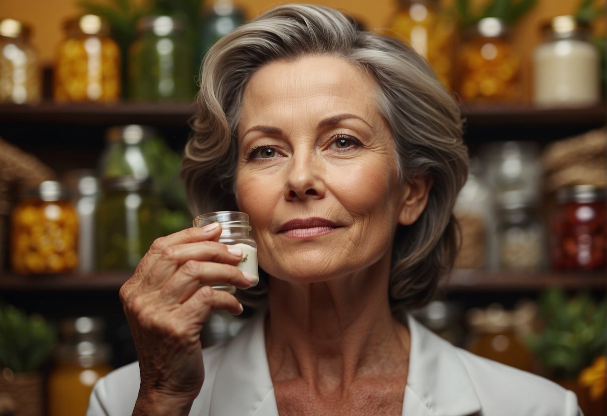 A woman in her 50s taking a skin supplement, surrounded by various vitamins and natural ingredients, with a focus on anti-aging benefits