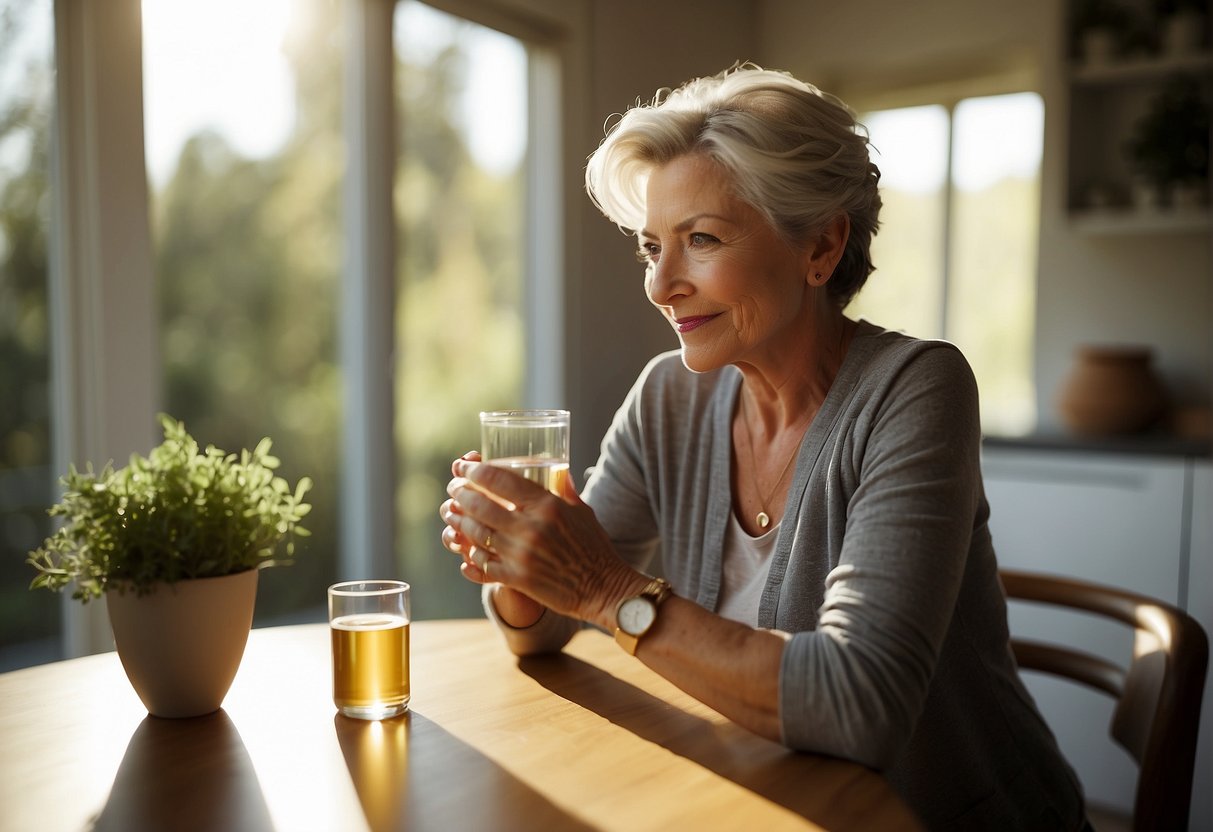 A woman in her 50s taking a skin supplement with a glass of water at a modern kitchen table with natural light streaming in from a window