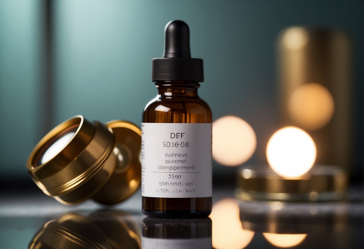 A bottle of skin supplement next to a mirror, with a 50+ age label