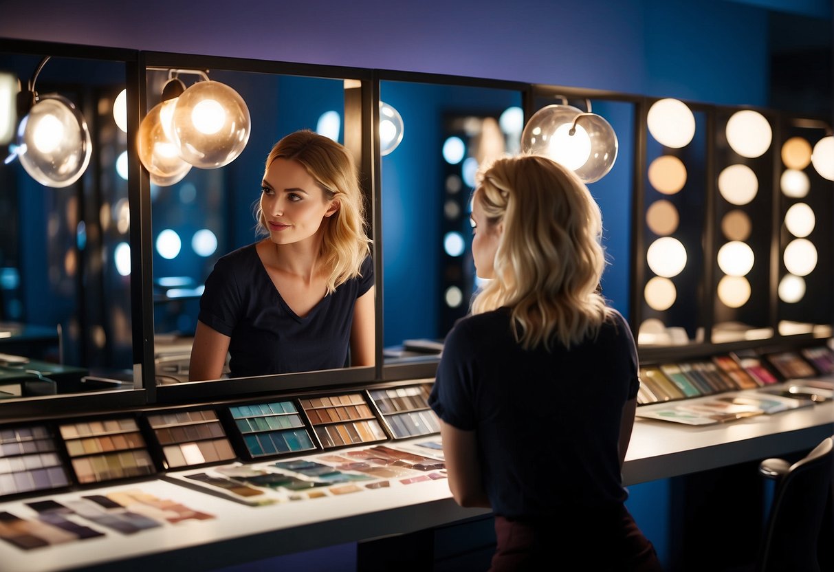 A person with fair skin, deciding on hair color, surrounded by swatches and mirrors in a brightly lit room