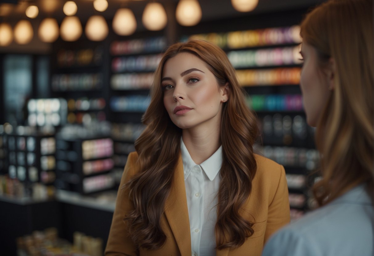 A person with fair skin is choosing the right hair color. They are surrounded by different hair dye options, contemplating which one will complement their complexion