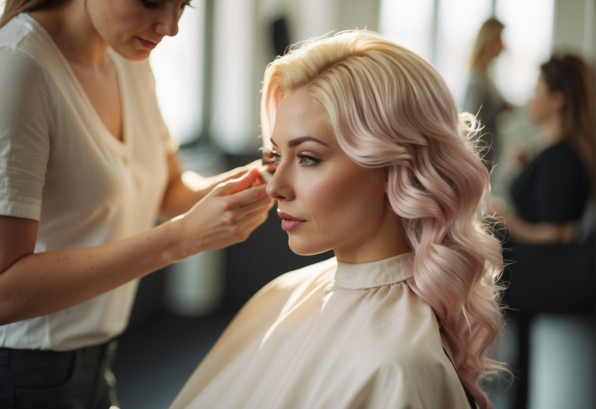A bright, airy salon with soft, natural lighting. A color palette of pastel tones and warm neutrals. A stylist mixing and applying hair dye to a mannequin head with fair skin
