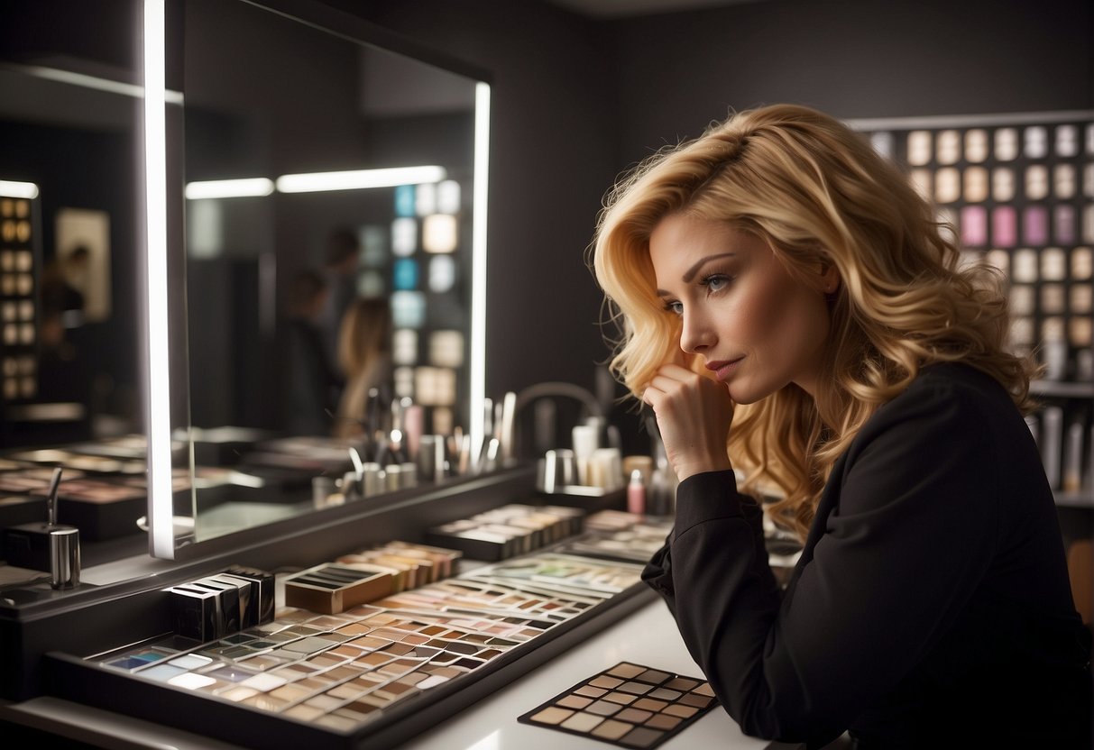 A person with fair skin pondering hair color options, surrounded by swatches and mirrors