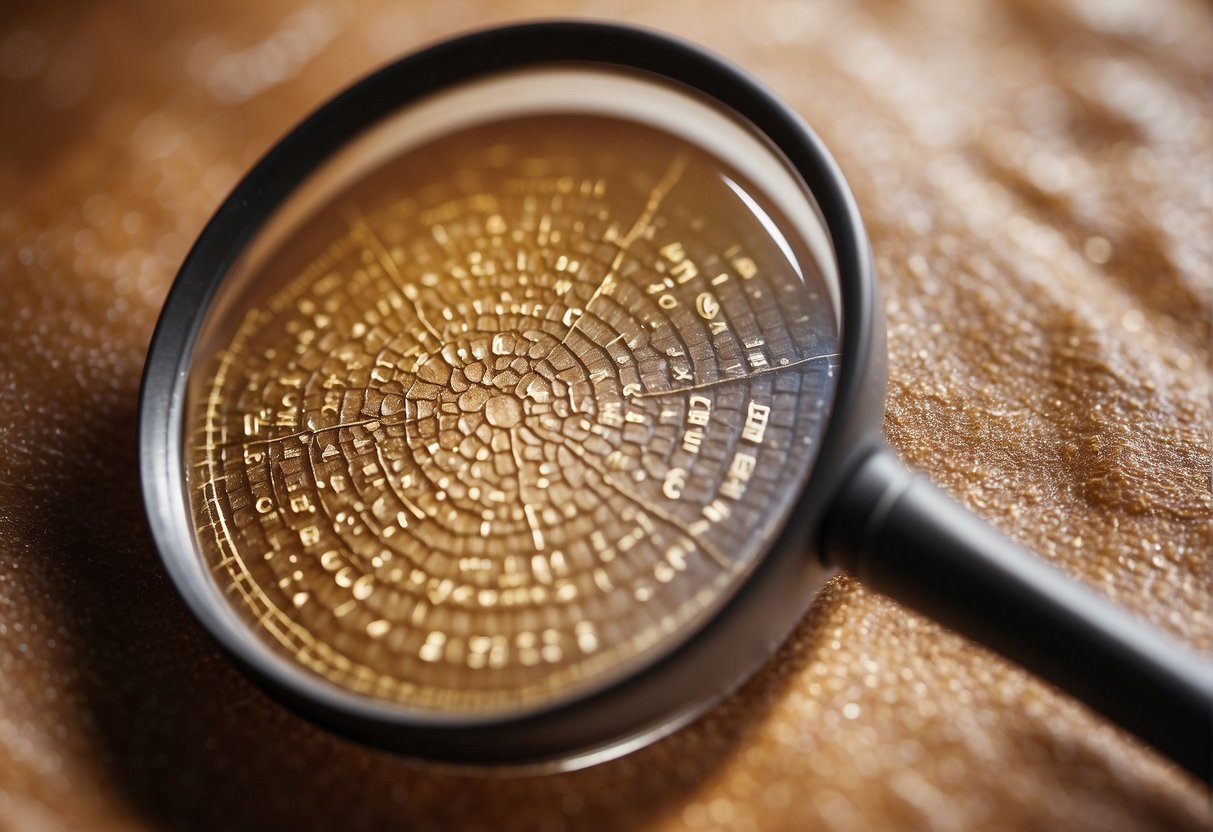 A magnifying glass hovers over a patch of discolored skin on a surface, with a chart showing various types of skin cancer nearby