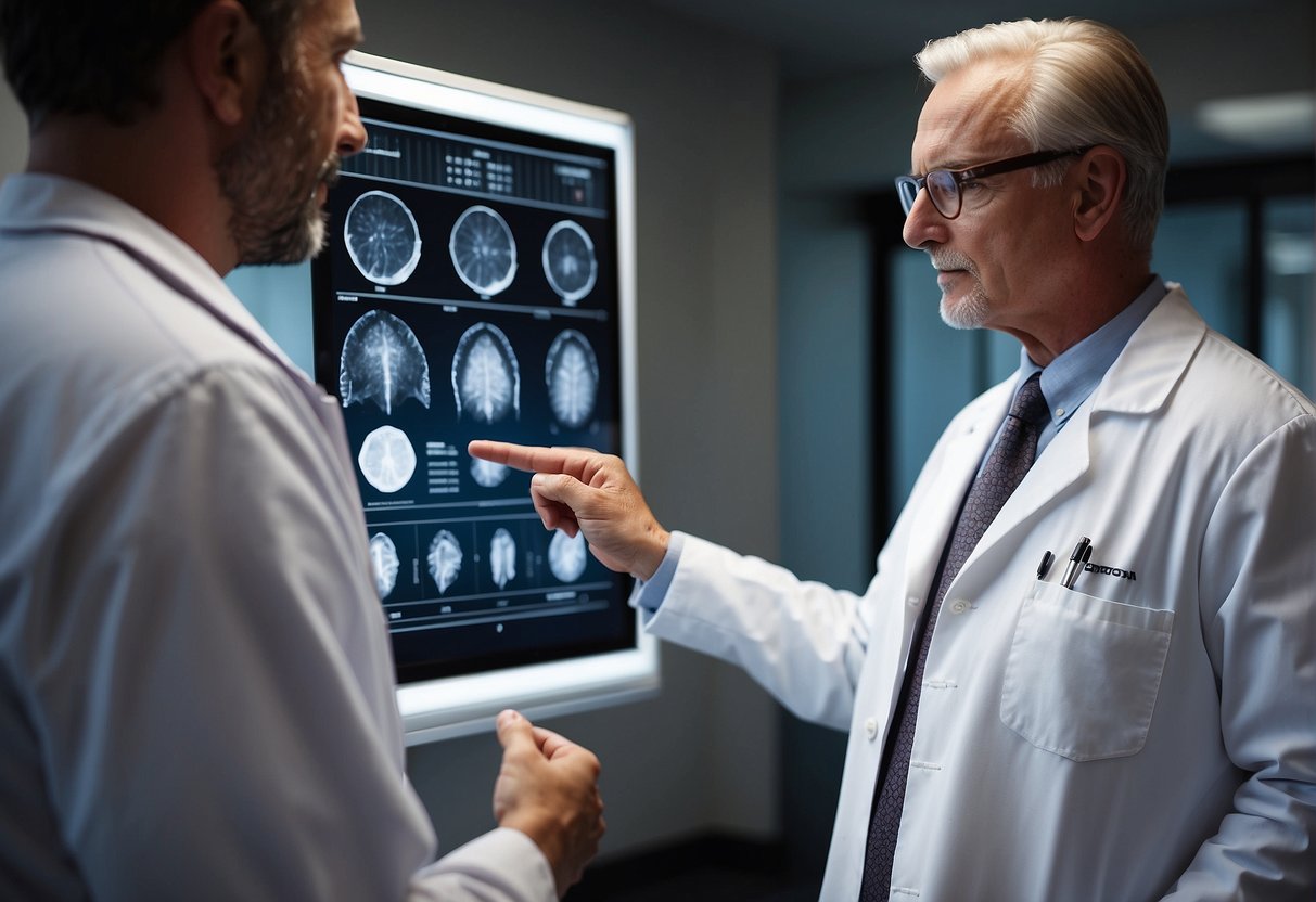 A doctor discussing skin cancer signs with a patient, pointing to a chart of skin abnormalities