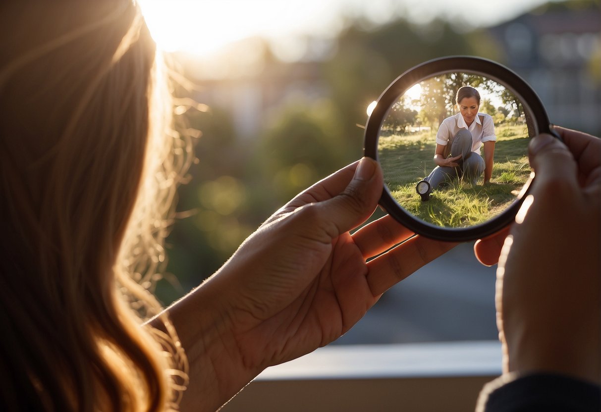 A person examining their skin with a magnifying glass, focusing on any unusual moles or spots. Sunlight streaming in through a window, casting shadows on the skin