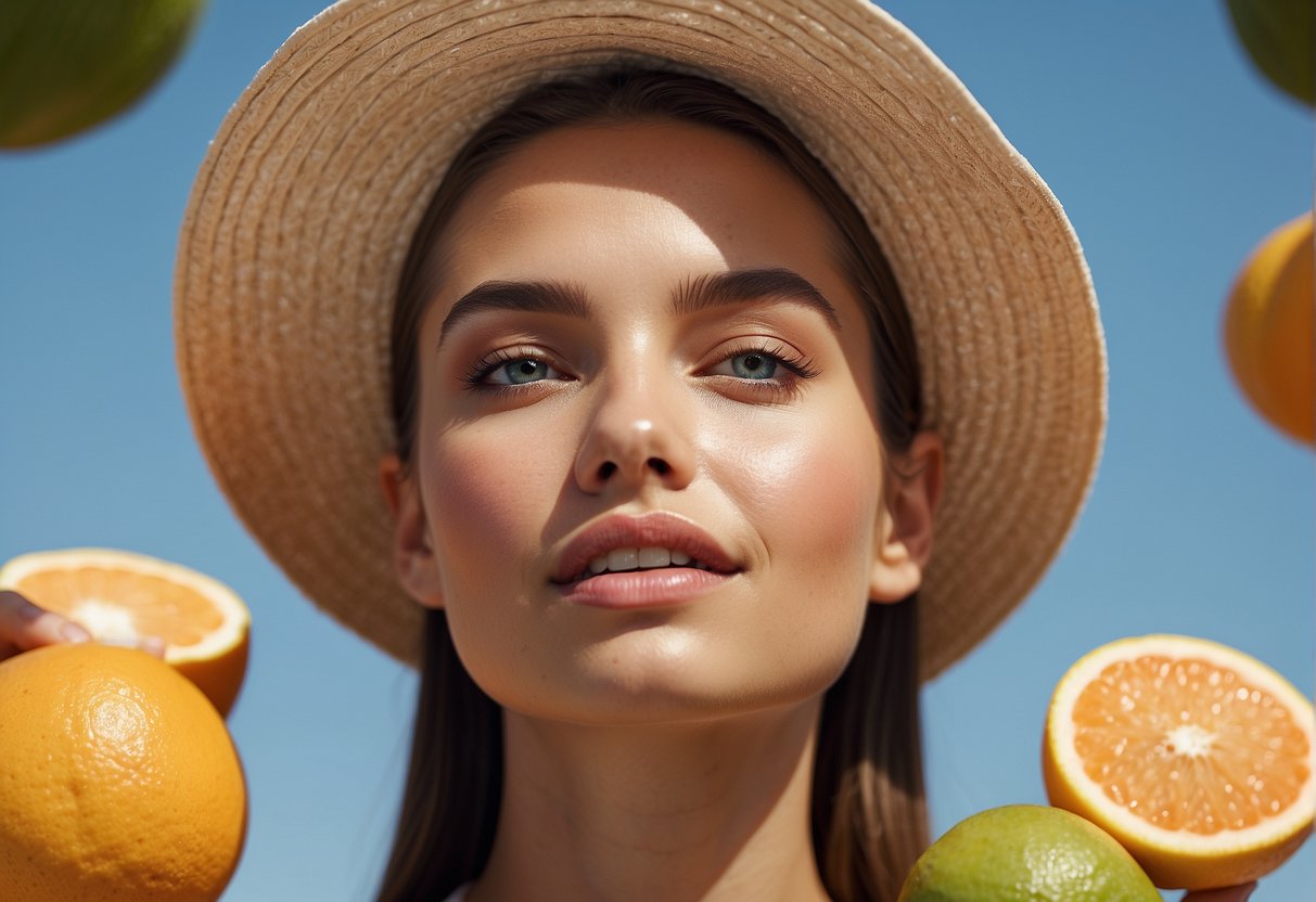 A glowing face with clear skin, surrounded by natural skincare products and a healthy lifestyle, such as fruits, vegetables, and water