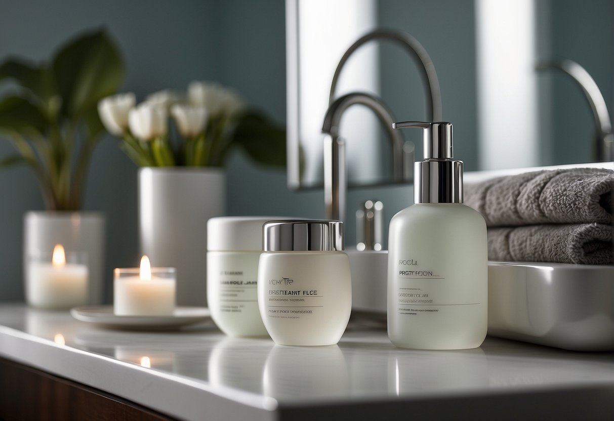 A radiant face care routine: a clean, well-lit bathroom with skincare products neatly organized on a counter, a soft towel hanging nearby