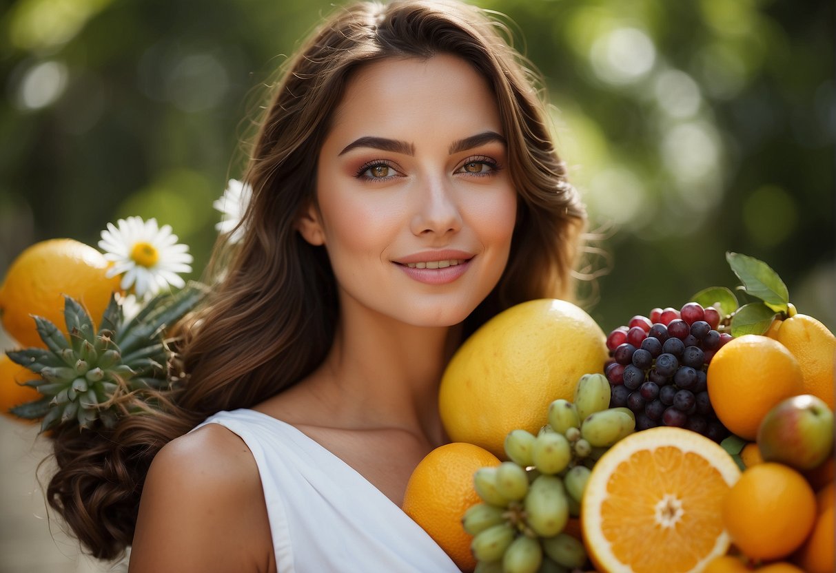 A radiant skin with a glowing complexion, featuring skincare products and natural elements like fruits and flowers for a beautiful face