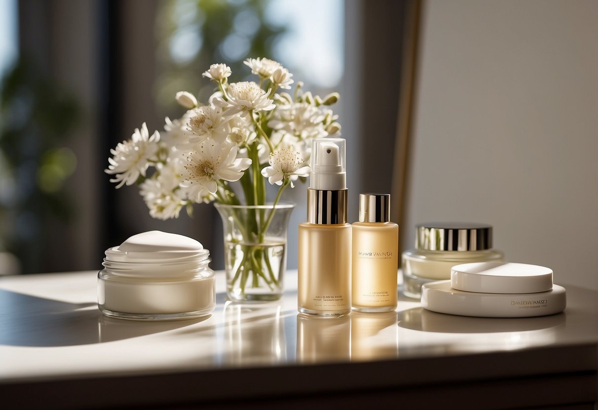 A serene, sunlit room with a table covered in skincare products and a mirror reflecting a clear, glowing complexion
