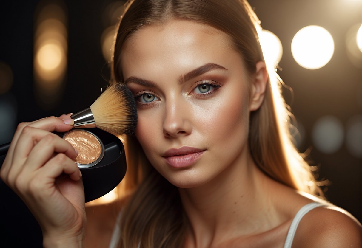 A pale-skinned person applying bronzer with a fluffy brush, blending it evenly for a natural sun-kissed glow