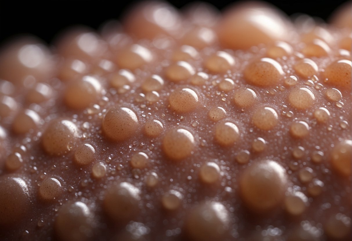 A close-up of a skin surface with a visible accumulation of pus underneath, possibly showing slight inflammation or redness around the affected area