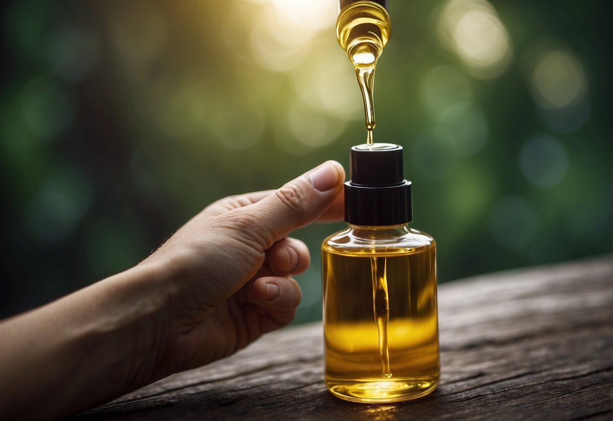 A hand holding a bottle of oil, gently massaging it onto the skin of the gland, causing the skin to gradually peel away
