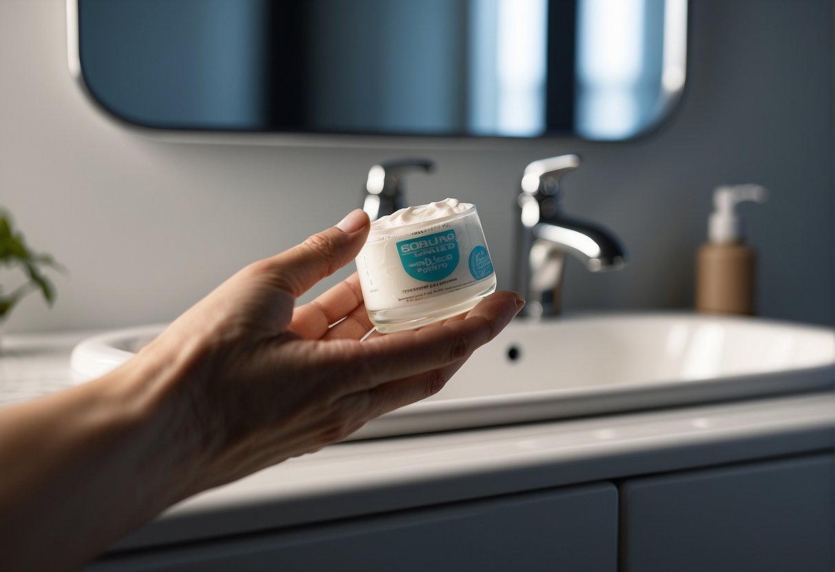 A hand reaching for a tube of skin-softening cream next to a bottle of water on a bathroom counter