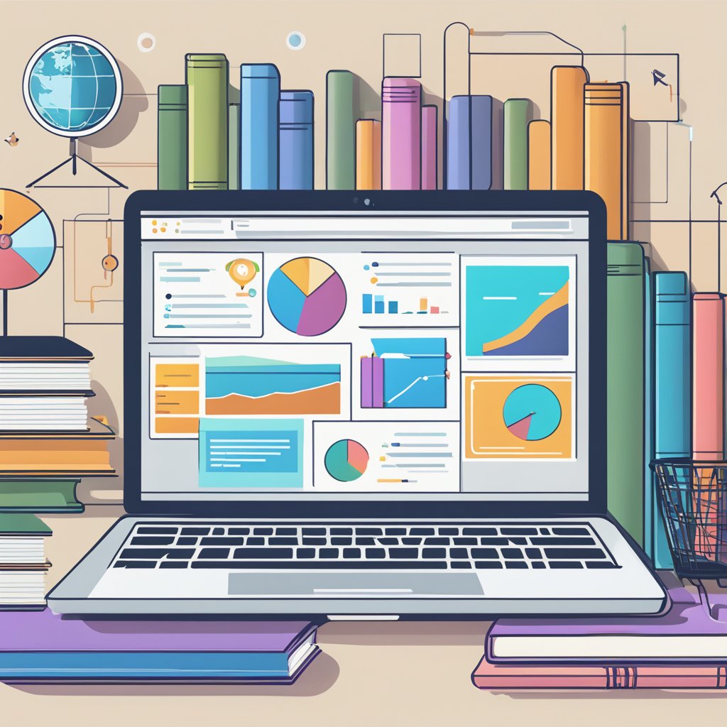 A laptop displaying James Dooley's SEO strategies, surrounded by books on marketing and web analytics