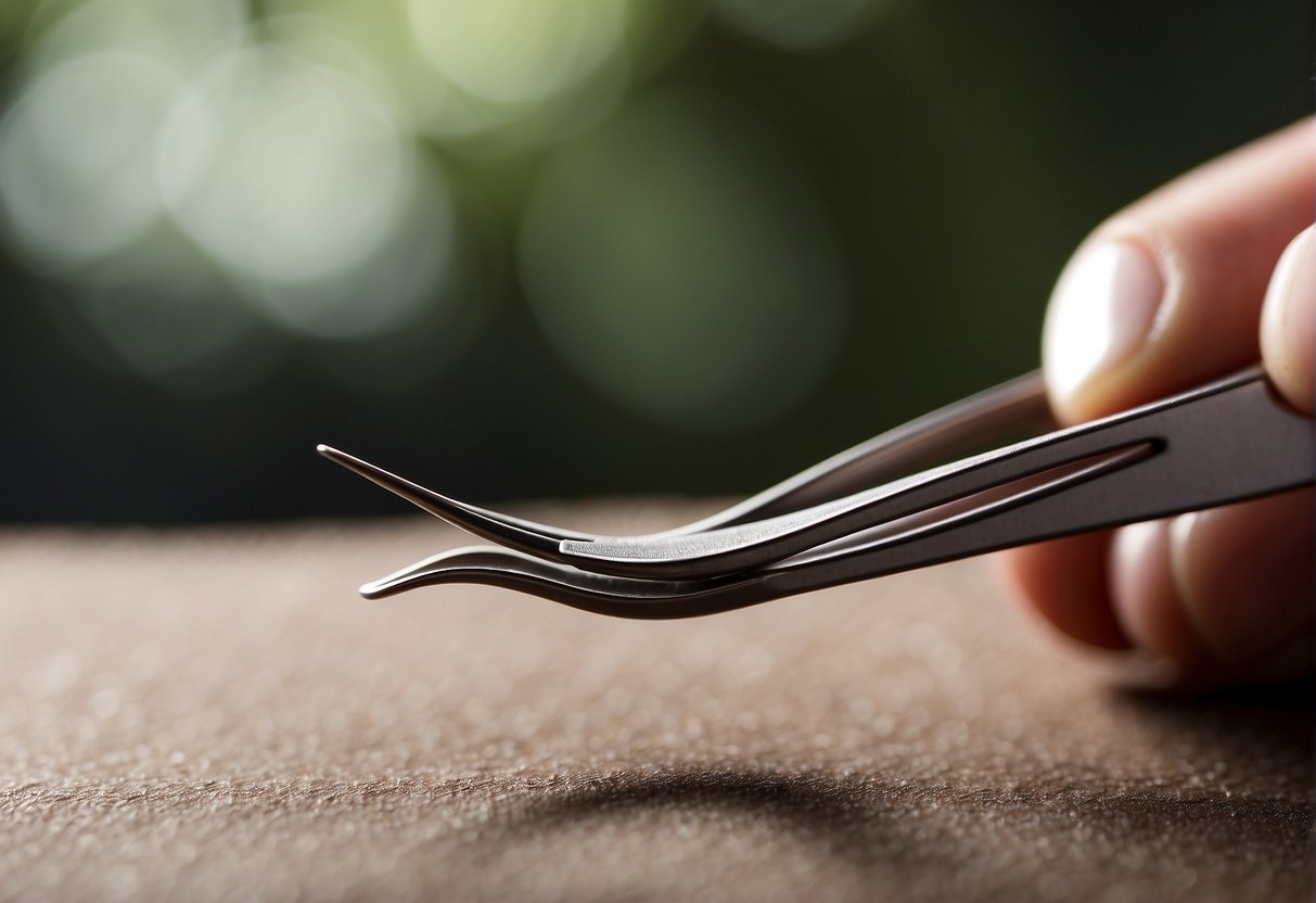 A pair of tweezers gripping a single hair protruding from a raised bump on the skin's surface