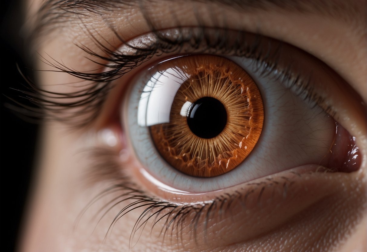 A magnifying glass hovers over a red, irritated bump on the skin, with a trapped hair visible underneath. Surrounding skin is inflamed and textured