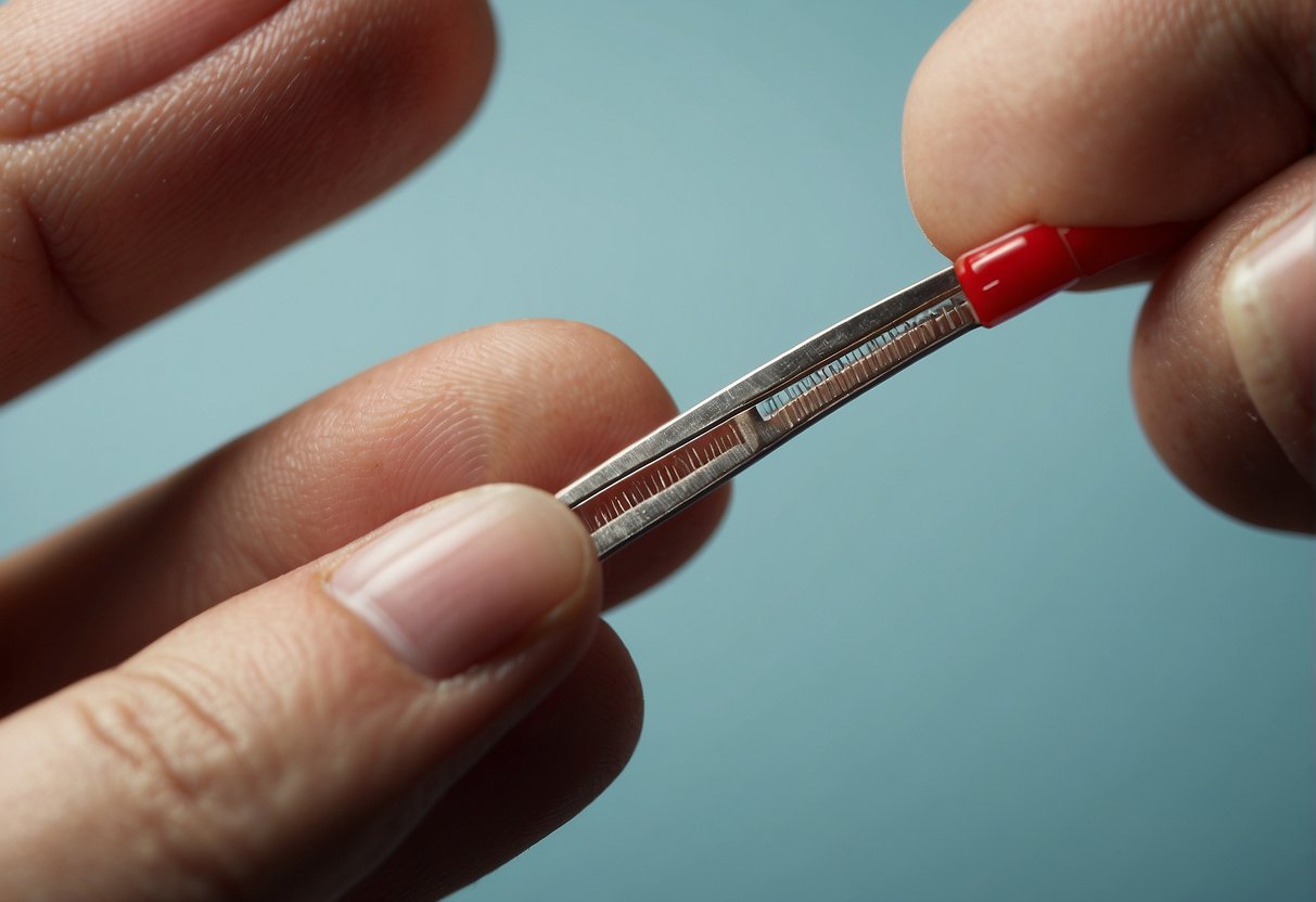 A pair of tweezers is shown plucking a hair from beneath the skin, with a small red bump indicating the ingrown hair