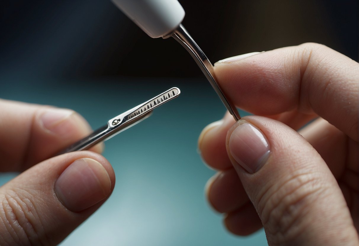 A pair of tweezers carefully removes a skin tag