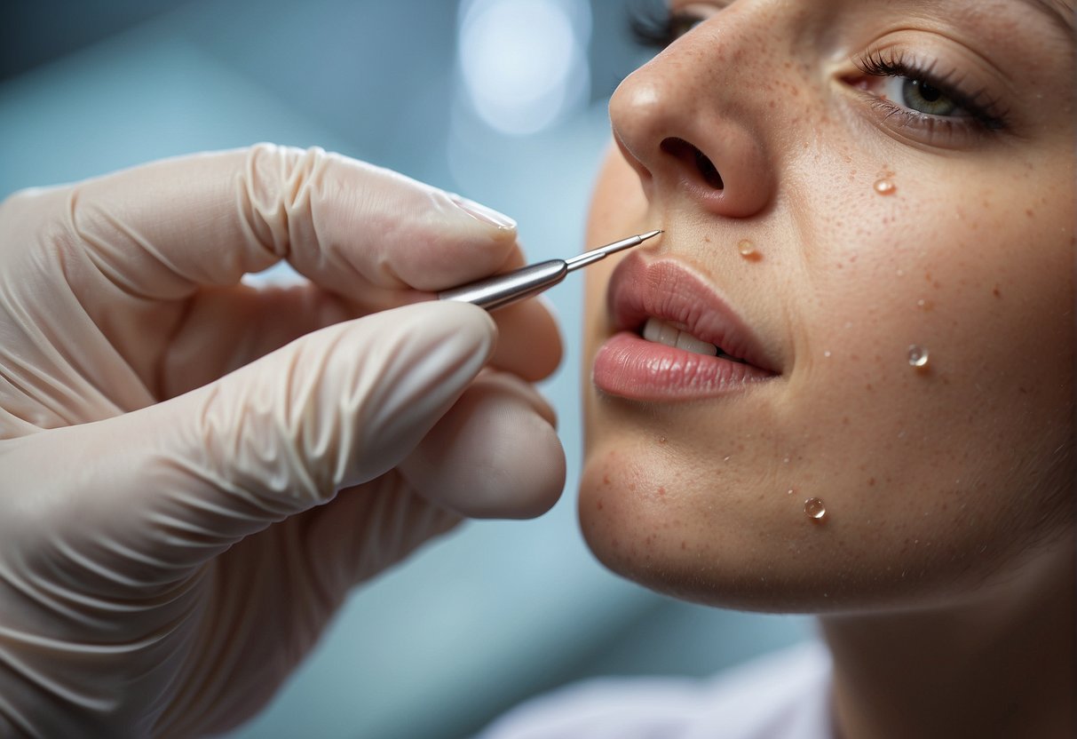 A close-up of skin tags being removed with tweezers