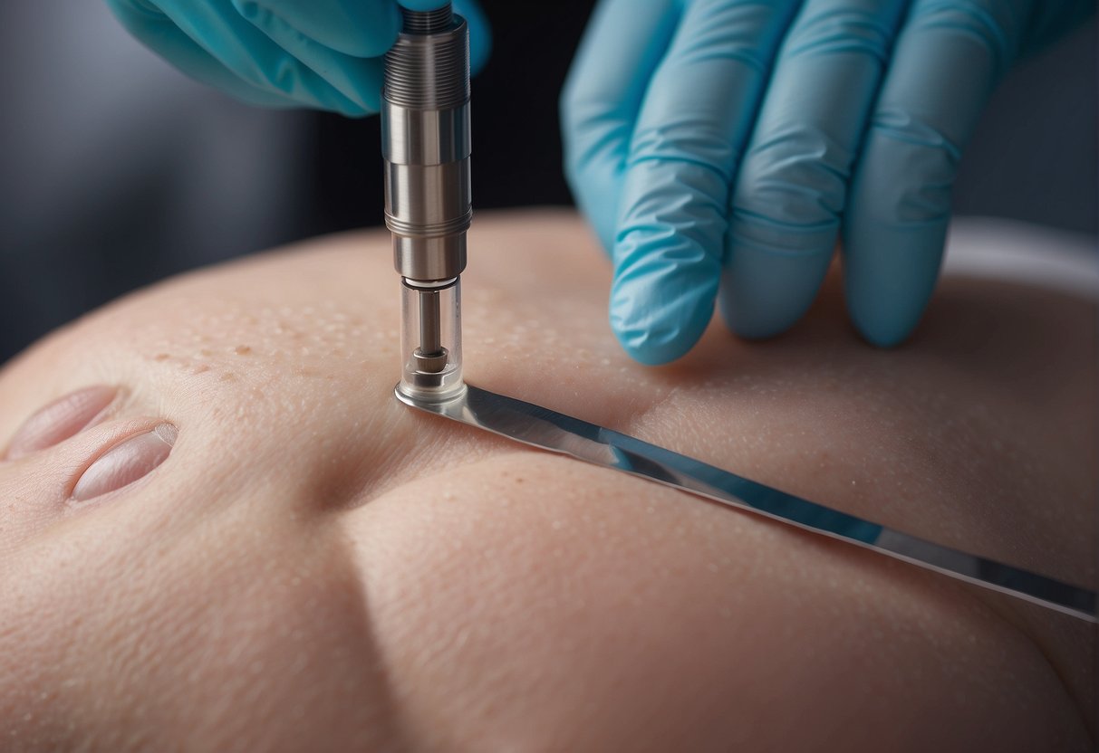 A scalpel carefully lifts a skin tag. Protective gloves are worn