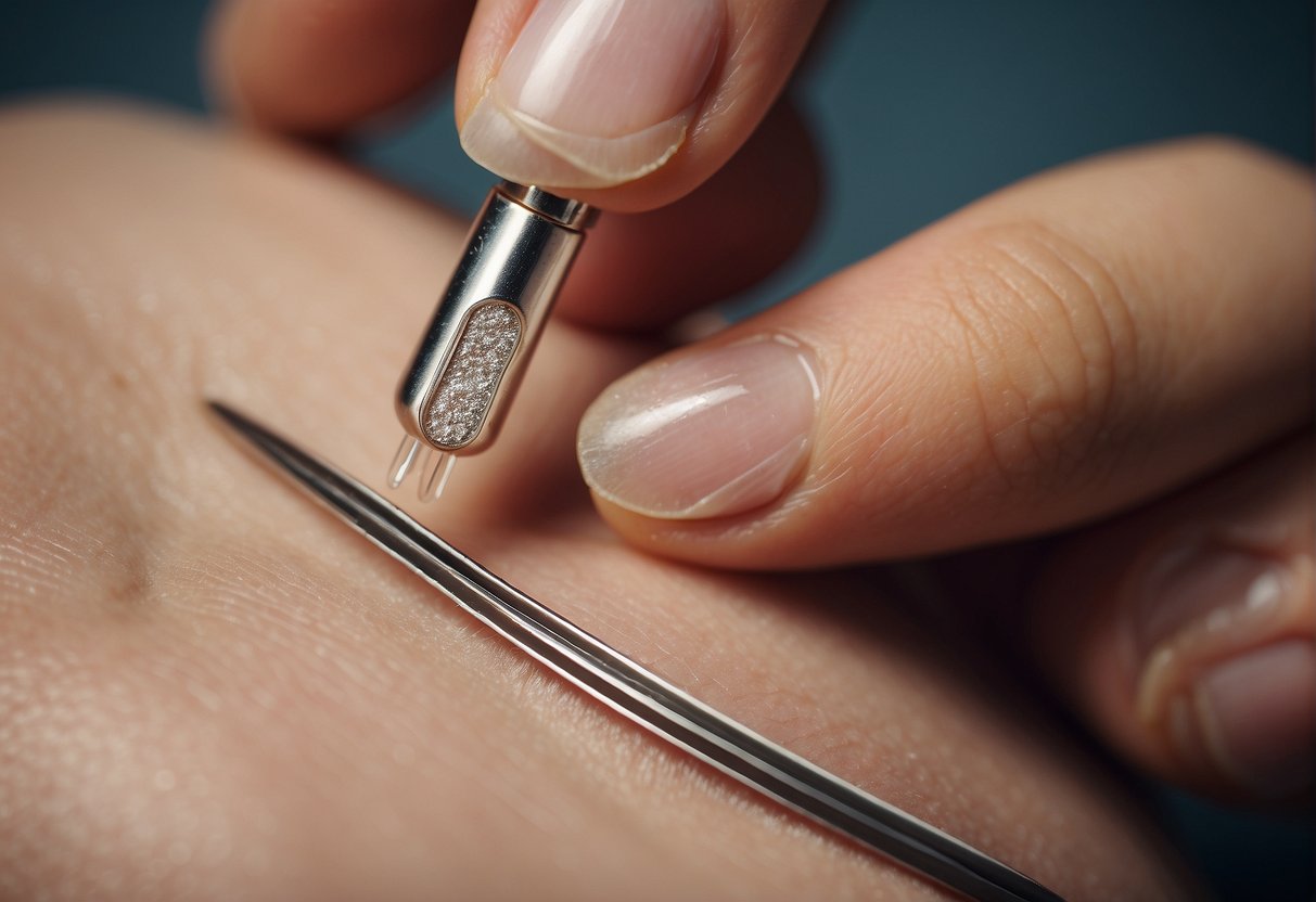A pair of tweezers carefully removing a skin tag from a surface