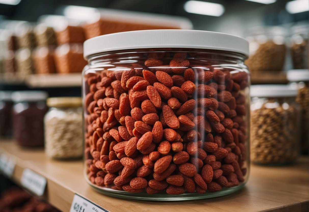 A large container of goji berries sits on a Costco shelf, surrounded by other bulk food items