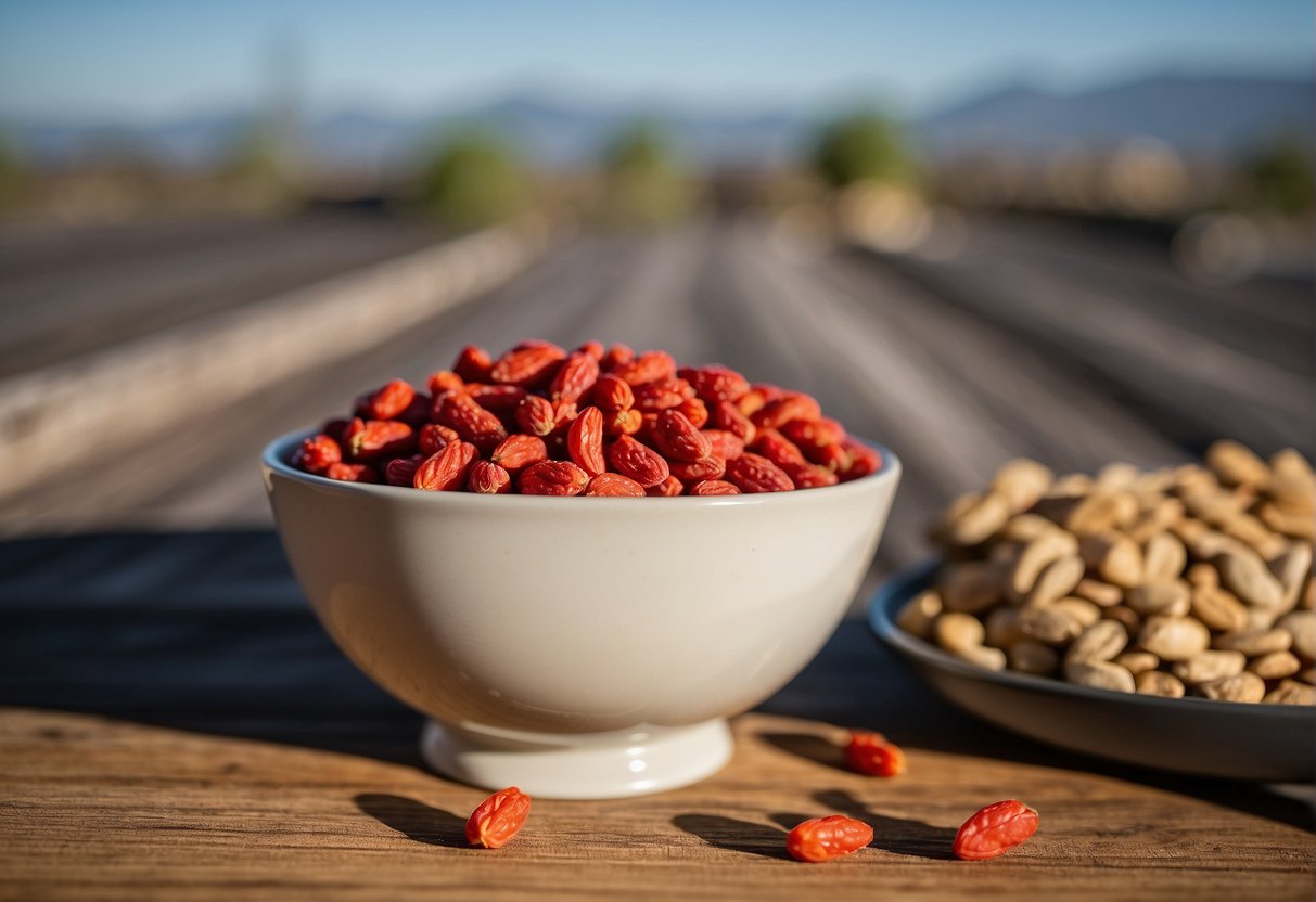 A bowl of vibrant goji berries sits on a wooden table next to a Costco logo. The berries are plump and rich in color, showcasing their nutritional power