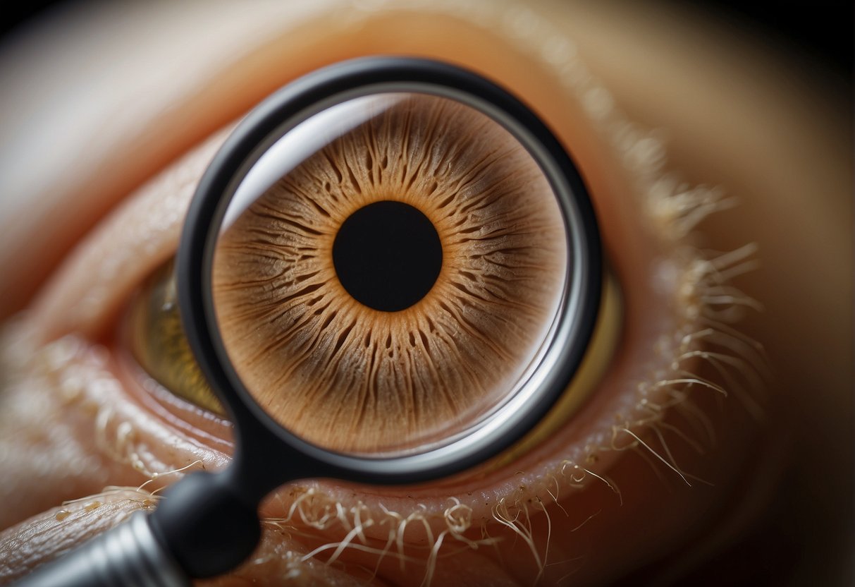 A magnifying glass hovers over a raised section of skin, with a small worm-like creature visible underneath. The skin appears irritated and inflamed around the area