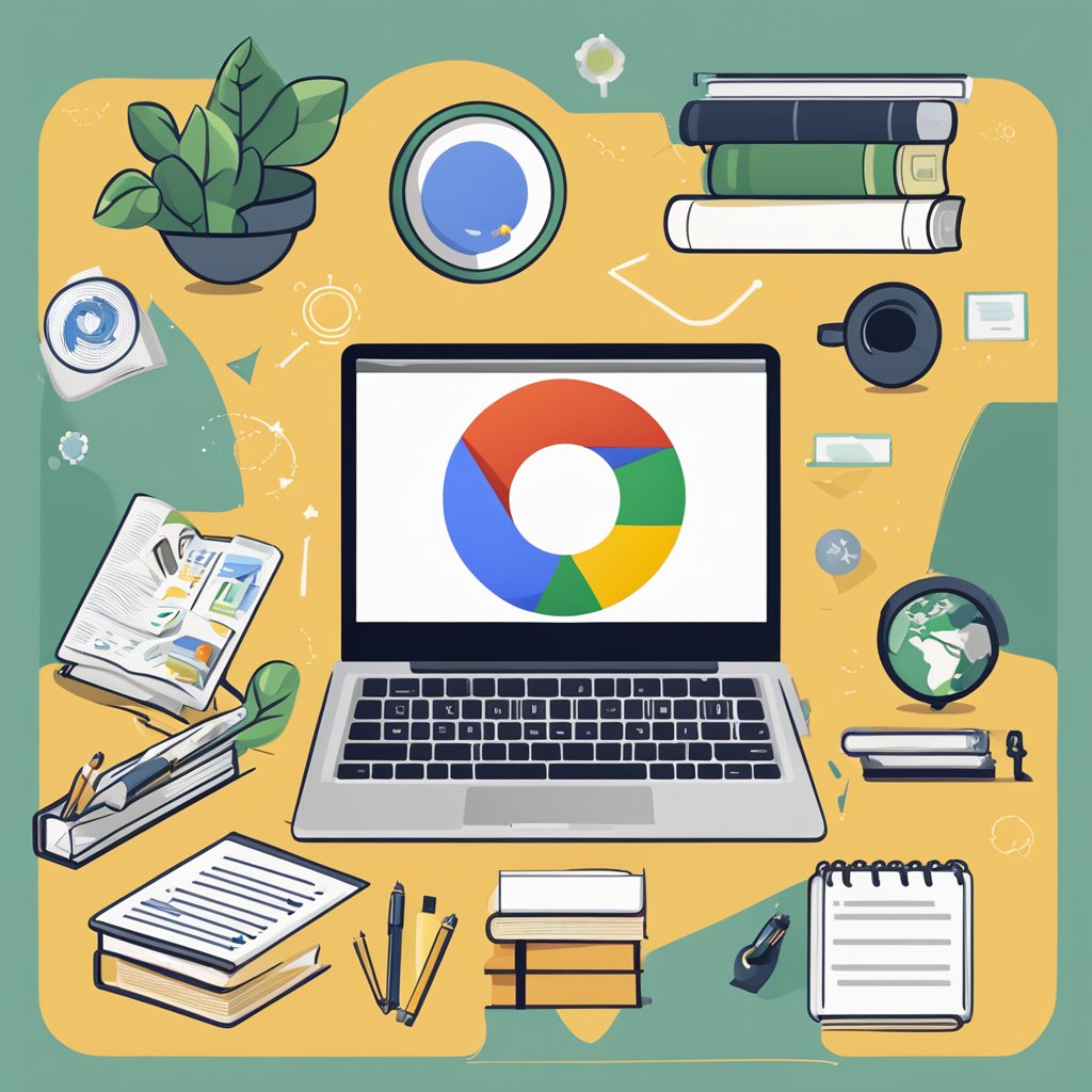 A laptop displaying the Google SEO Certification logo, surrounded by study materials and a notepad with "jackyan" written on it