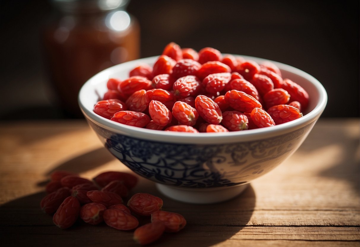 A bowl of goji berries sits on a wooden table, with a Costco logo in the background. Rays of sunlight highlight the vibrant red color of the berries, emphasizing their health benefits and medicinal uses